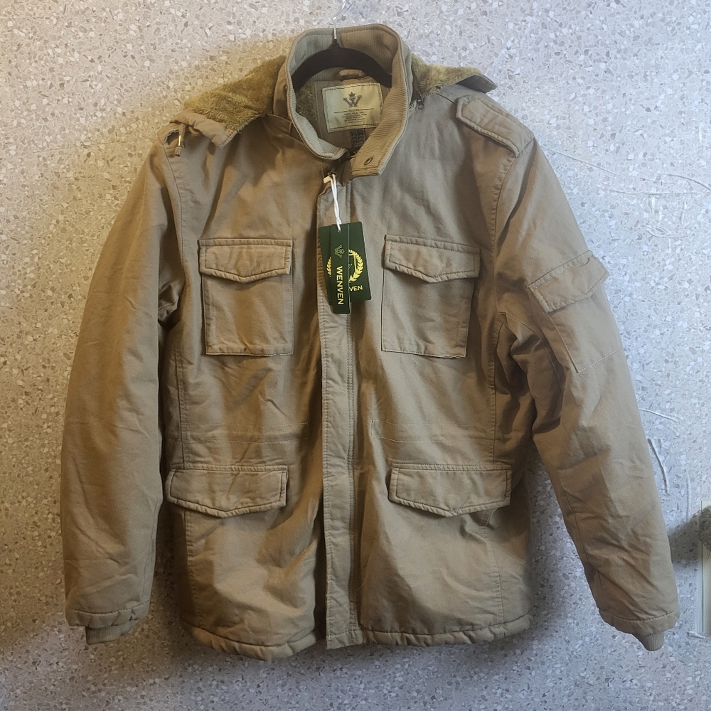 Wenven Mens Canvas Ultilty Jacket, Tan, Hoodie, Faux Fur Interior, NWTS,  SIZE L